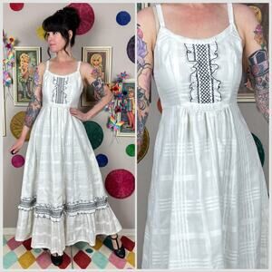 Vintage 1970s White Gauzy Cotton Sleeveless Prairie Sundress